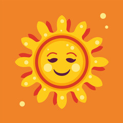 Smiling sun. Sun in cartoon style. Vector clipart isolated on orange background.
