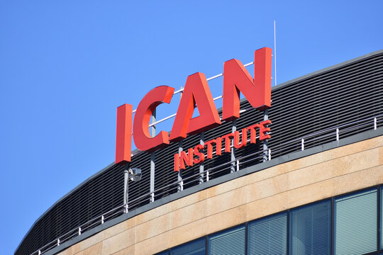 ICAN institute facade with signage on the facade, business and management trainings. WARSAW, POLAND - NOVEMBER 1, 2021