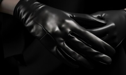  a person wearing black gloves with their hands on their chest.  generative ai