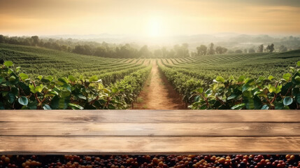 Coffee Oasis. Immerse yourself in the calming ambiance of a wood table, set against a captivating coffee field background. A moment of stillness AI Generative