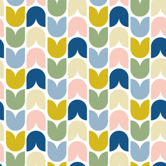 Seamless pattern of geometric, mid-century design leaves and tulips, on  isolated background. Design for celebration prints, scrapbooking, nursery decor, home decor, paper crafts, invitation design.