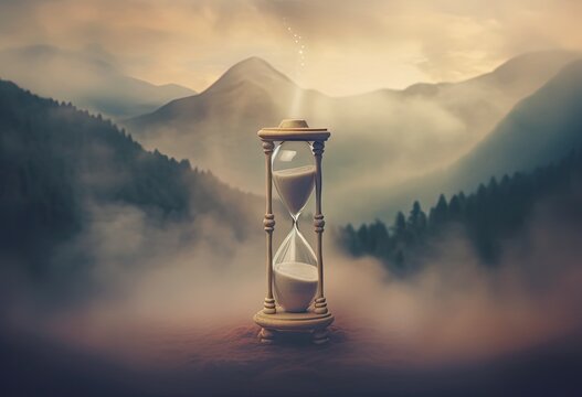 Black small cube magnet is falling in an hourglass with mountain range background in sunset time 3D Rendering created with Generative AI technology