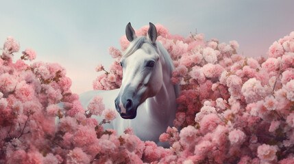 a Beautiful Horse Surrounded by Beautiful Flowers in a Muted Pastel Aesthetic with Surrealism Elements - Dreamy Background - Generative AI - obrazy, fototapety, plakaty