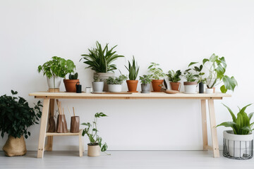Green houseplants in pots and watering can on wooden table near white wall