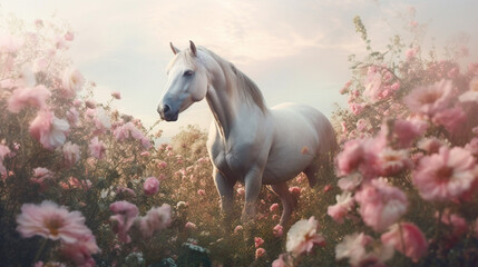 Obraz na płótnie Canvas a Beautiful Horse Surrounded by Beautiful Flowers in a Muted Pastel Aesthetic with Surrealism Elements - Dreamy Background - Generative AI