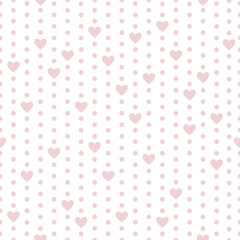 seamless pattern of hearts and dots in gentle color on a white background