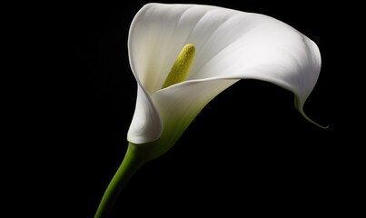  a white flower with a green stem on a black background.  generative ai