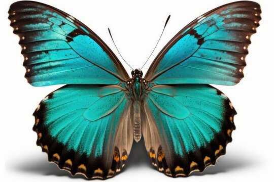 Turquoise butterfly isolated on white background with clipping path and shadow