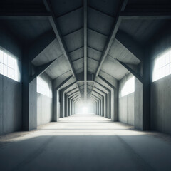 Realistic Big Abandoned Concrete Factory Hallway Garage Tunnel  Windows Natural Sun Shining  Clear Asphalt Concrete Floor AI Generative Illustration