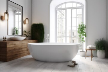 Fototapeta na wymiar modern luxury bath bathtub house home interior white bathroom architecture wood. Generative AI.