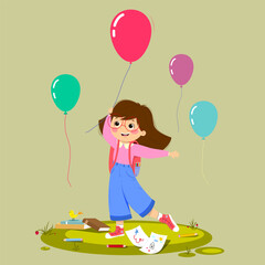 Flat character of a girl with balloons. Creative child character playing with balloons. Cartoon design vector illustration.