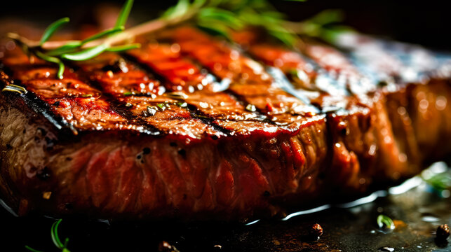closeup of served delicious medium rare stake with spices. Good food