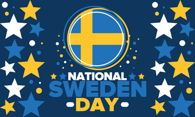 Sweden National Day. Celebrated annually on June 6 in Sweden. Happy national holiday of freedom. Swedish flag. Northern Scandinavian country. Patriotic poster design. Vector illustration