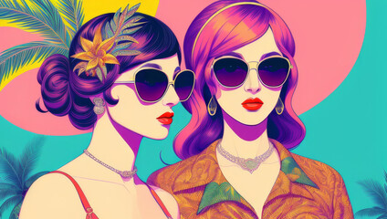 Fototapeta na wymiar Fashion Pop Art Illustration Depicting Two Women in Sunglasses Against a Tropical Vacation Background. Generative AI