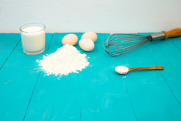Bakery setup with baking ingredients, empty space for food product display