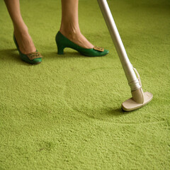 Close-up of Caucasian female feet with vacuum extension against green retro carpet.