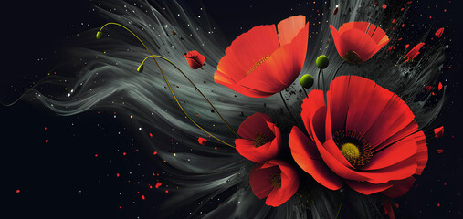 Tapeta kwiaty, abstrakcyjne czerwone maki, tło kwiatowe. Generative AI - obrazy, fototapety, plakaty