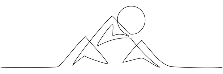 Mountain range with sun continuous one line drawn. Adventure mountains sunset linear concept. Vector illustration isolated on white.