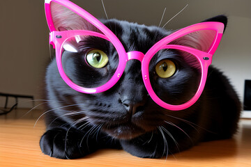Czarny kot w różowych okularach. Generative AI - obrazy, fototapety, plakaty