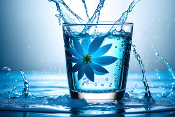 Drink z woda i niebieskim kwiatem, abstrakcja. Generative AI - obrazy, fototapety, plakaty