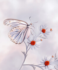 Biały akrylowy duży motyl na kwiatach stokrotki. Generative AI