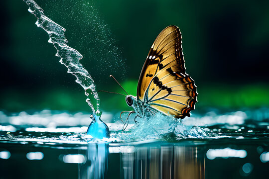 Ż&oacute;łty duży motyl Monarcha na wodzie. Generative AI