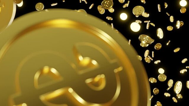 Golden coins with dollar sign falling down on the camera on black background. 3d seamless loop cycled looping animation. 4K UHD 3840x2160 3D render high quality.