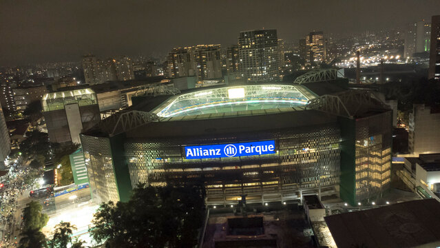 São Paulo - São Paulo- Brazil - March 19 2023: Stadium of Palmeiras - Arena Allianz Parque in São Paulo capture by a drone.