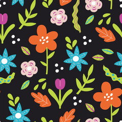 Seamless bright floral pattern. Hand Drawn naive blossom flower. Vector trendy texture for fabric, textile, wallpaper