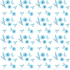 Seamless blue floral pattern. Hand Drawn naive blossom flower. Vector trendy texture for fabric, textile, wallpaper