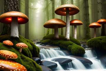 Krajobraz, zielony bajkowy las . Abstrakcyjne grzyby, mech i wodospad. Generative AI - obrazy, fototapety, plakaty