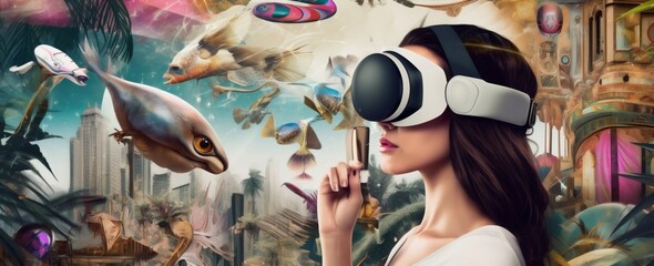 Fototapeta na wymiar woman innovation vr glasses abstract reality travel future virtual digital technology. Generative AI.