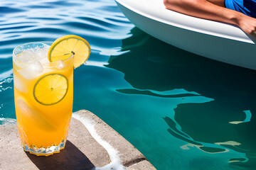 Pomarańczowy drink, woda i relaks. Generative AI