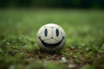 Fußball mit Smiley-Gesicht auf einer Wiese KI