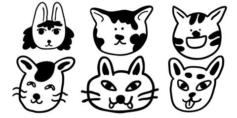 Fototapeta premium set of linear heads of cats in vector.collection of animals for design,stickers,wallpapers.images in lines,doodles,characters,plots,animals,people.isolated printable objects.social media avatars