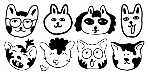 set of linear heads of cats in vector.collection of animals for design,stickers,wallpapers.images in lines,doodles,characters,plots,animals,people.isolated printable objects.social media avatars