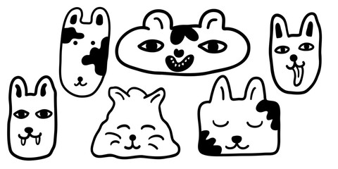 set of linear heads of cats in vector.collection of animals for design,stickers,wallpapers.images in lines,doodles,characters,plots,animals,people.isolated printable objects.social media avatars