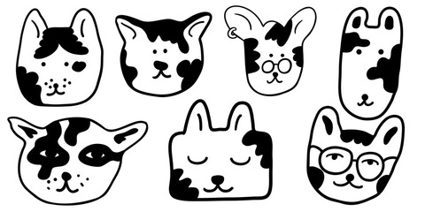 Fototapeta premium set of linear heads of cats in vector.collection of animals for design,stickers,wallpapers.images in lines,doodles,characters,plots,animals,people.isolated printable objects.social media avatars