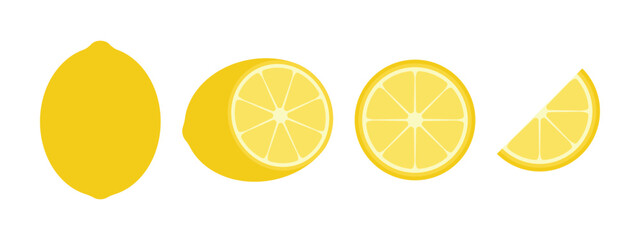 Fresh lemon citrus fruit whole, half and slises icons set. Vector illustration