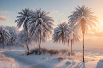 Egzotyczny zimowy krajobraz z palmami. Generative AI - obrazy, fototapety, plakaty