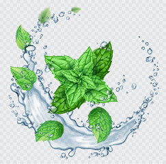 Fototapeta na wymiar Transparent realistic vector water splash and mint leaves on light background