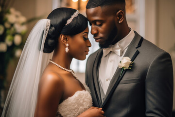 African american couple getting married in church at wedding day. Generative AI.