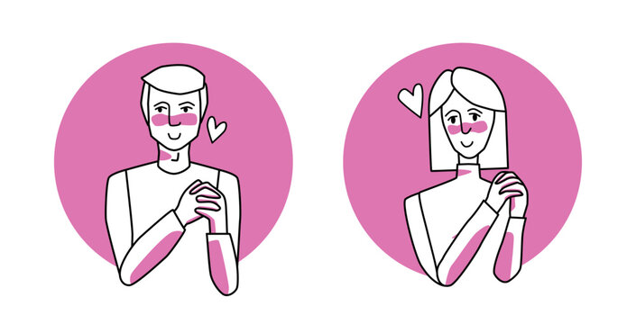 Shy man and woman with emotion of love circle icon, facial expression with gestures. Beloved people, expressing their amorous feelings.