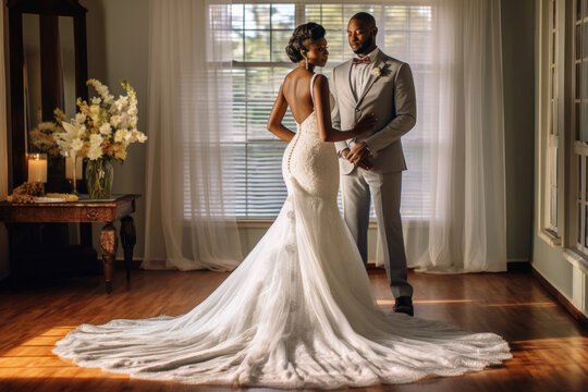 Incredible african american couple indoor wedding day. Generative AI.