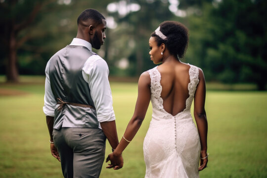 Good looking african american couple walking at wedding day. Generative AI.