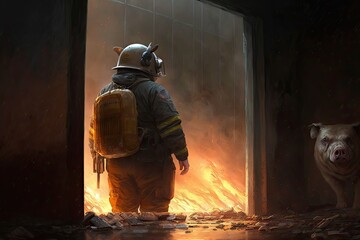 Fireman extinguishing a fire in a room of a building next to the pig