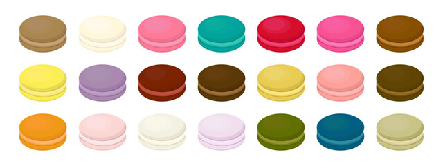 Set of different taste French macaron cookies. Sweet and tasty french macaroons desert. Vector illustration