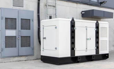 Mobile, standby industrial diesel generator for emergency power supply. Generator with internal combustion engine. For emergency use of electricity outdoors. © Yevhen Roshchyn