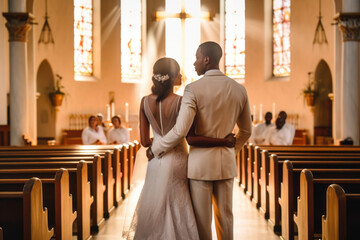 Amazing african american couple in church ceremony at wedding. Generative AI.