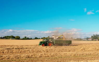 Wheat harvesting in the summer season by a modern combine harvester. Farmers securing food supply...